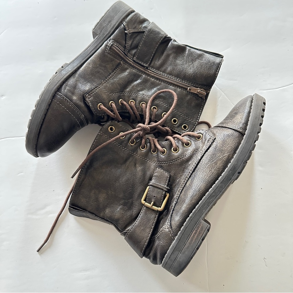 Rampage Girls Brown Combat Boots – Lace-Up with Side Zipper & Buckle (Size 4M)
